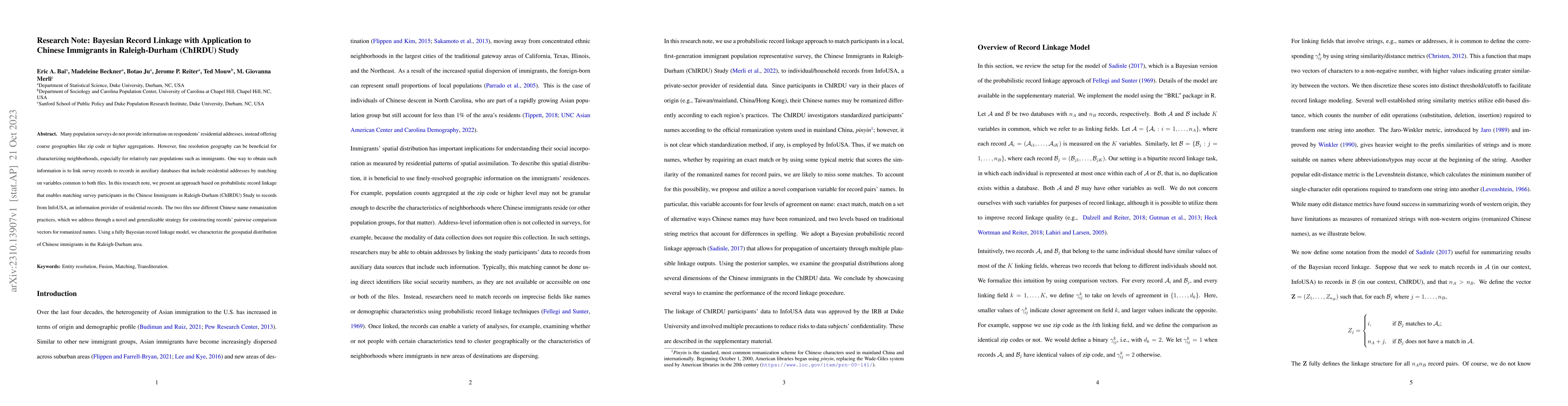 Thumbnail for Research Note: Bayesian Record Linkage with Application to Chinese
  Immigrants in Raleigh-Durham (ChIRDU) Study