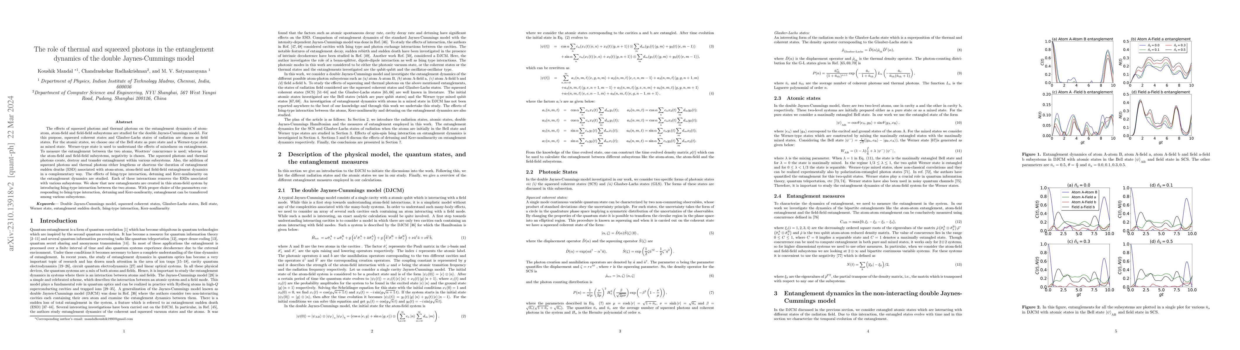 Thumbnail for The role of thermal and squeezed photons in the entanglement dynamics of
  the double Jaynes-Cummings model