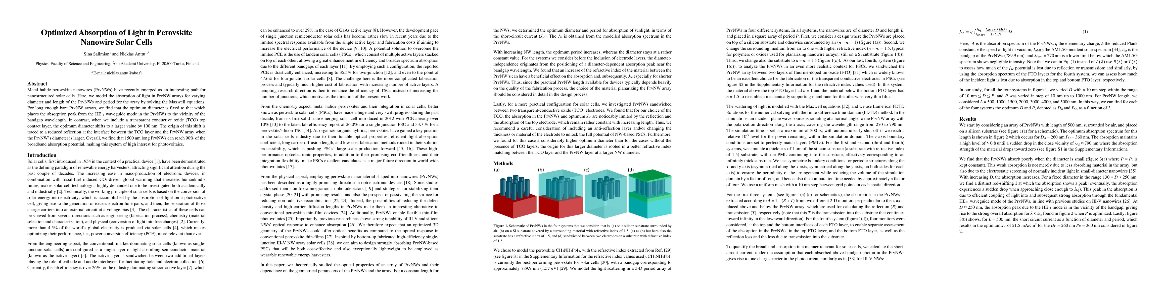 Thumbnail for Optimized Absorption of Light in Perovskite Nanowire Solar Cells