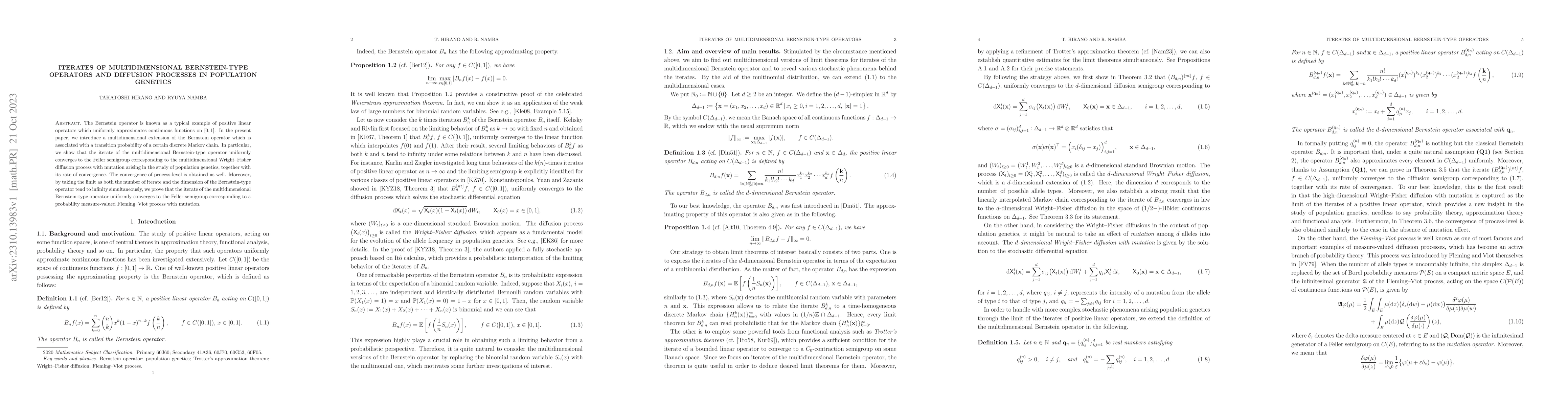 Thumbnail for Iterates of multidimensional Bernstein-type operators and diffusion
  processes in population genetics