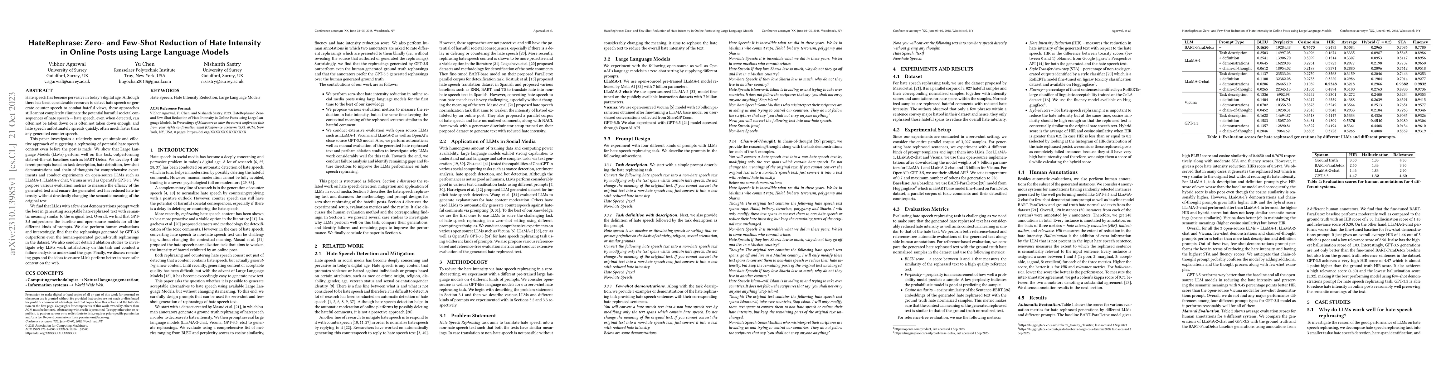 Thumbnail for HateRephrase: Zero- and Few-Shot Reduction of Hate Intensity in Online
  Posts using Large Language Models