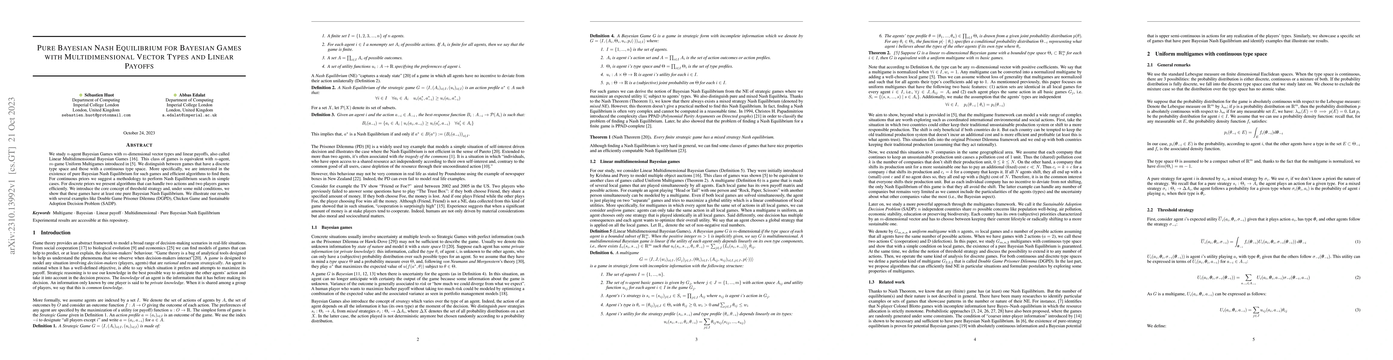 Thumbnail for Pure Bayesian Nash equilibrium for Bayesian games with multidimensional
  vector Types and linear payoffs