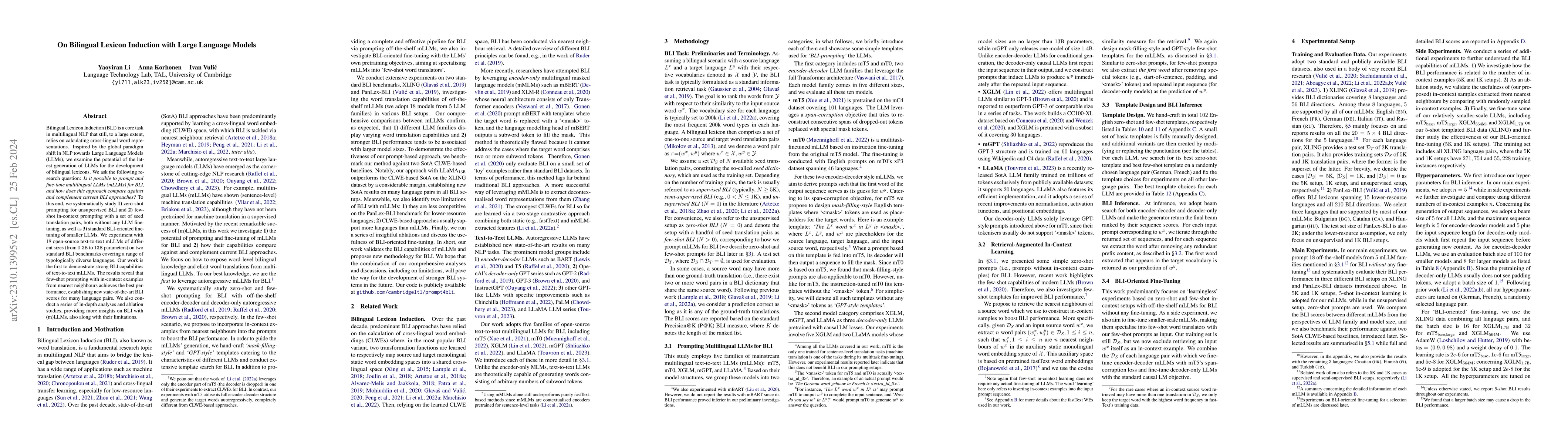 Thumbnail for On Bilingual Lexicon Induction with Large Language Models