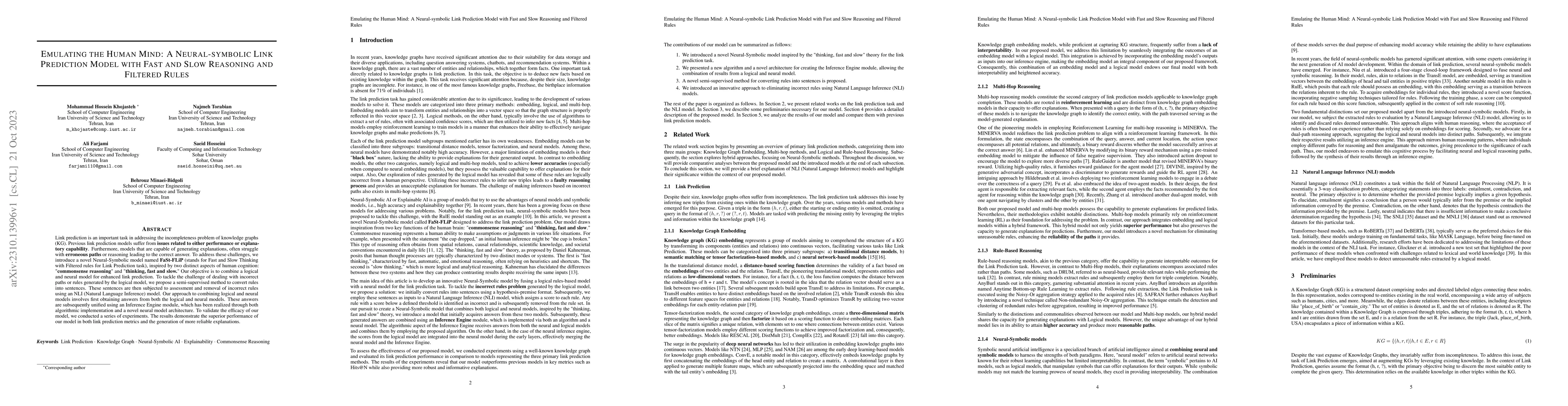 Thumbnail for Emulating the Human Mind: A Neural-symbolic Link Prediction Model with
  Fast and Slow Reasoning and Filtered Rules