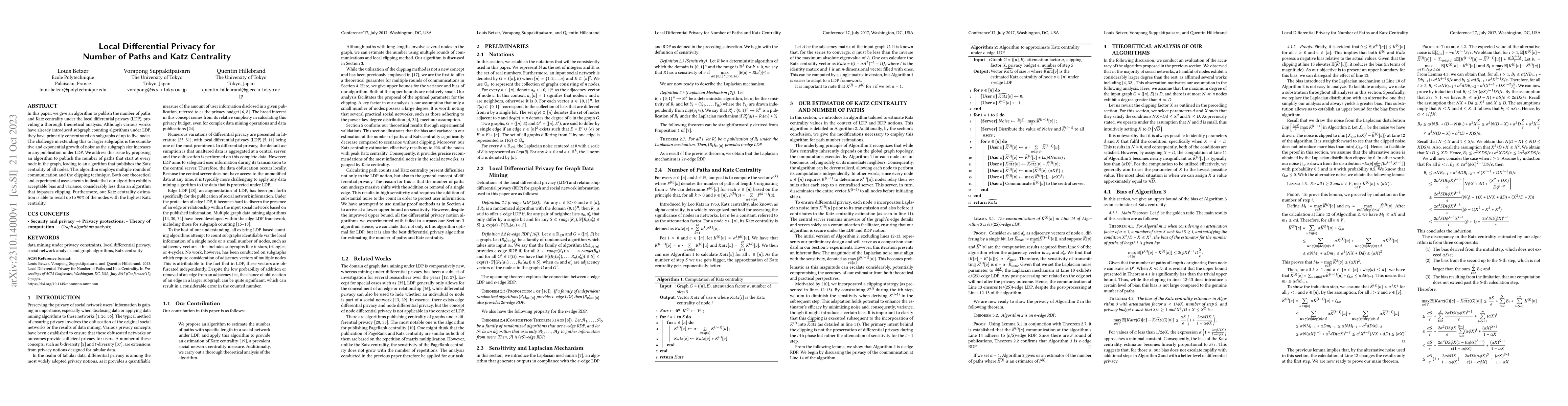 Thumbnail for Local Differential Privacy for Number of Paths and Katz Centrality
