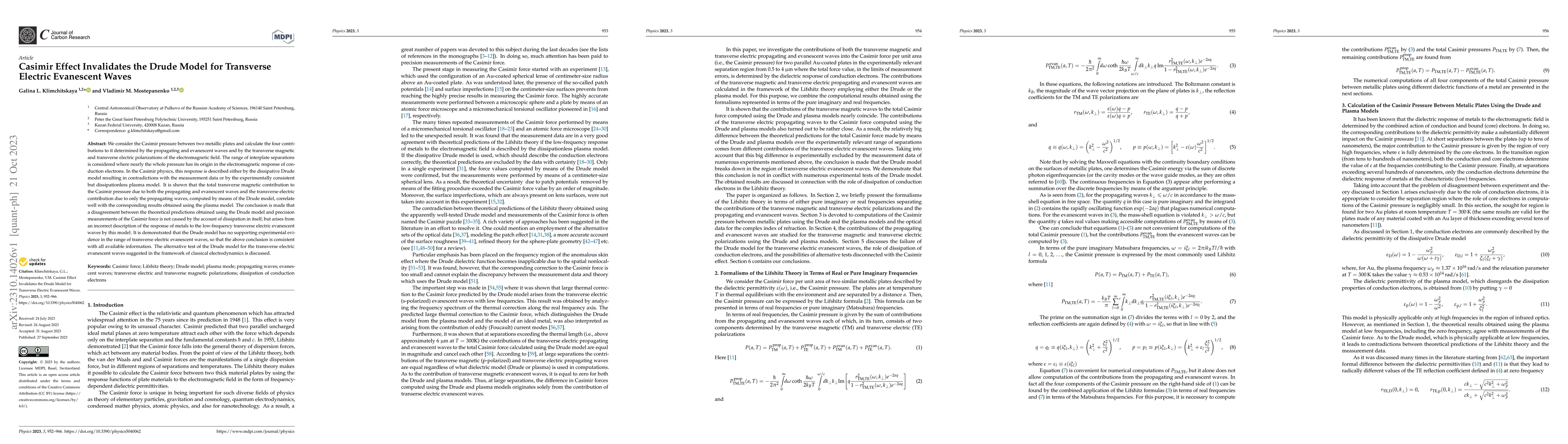 Thumbnail for Casimir Effect Invalidates the Drude Model for Transverse Electric
  Evanescent Waves