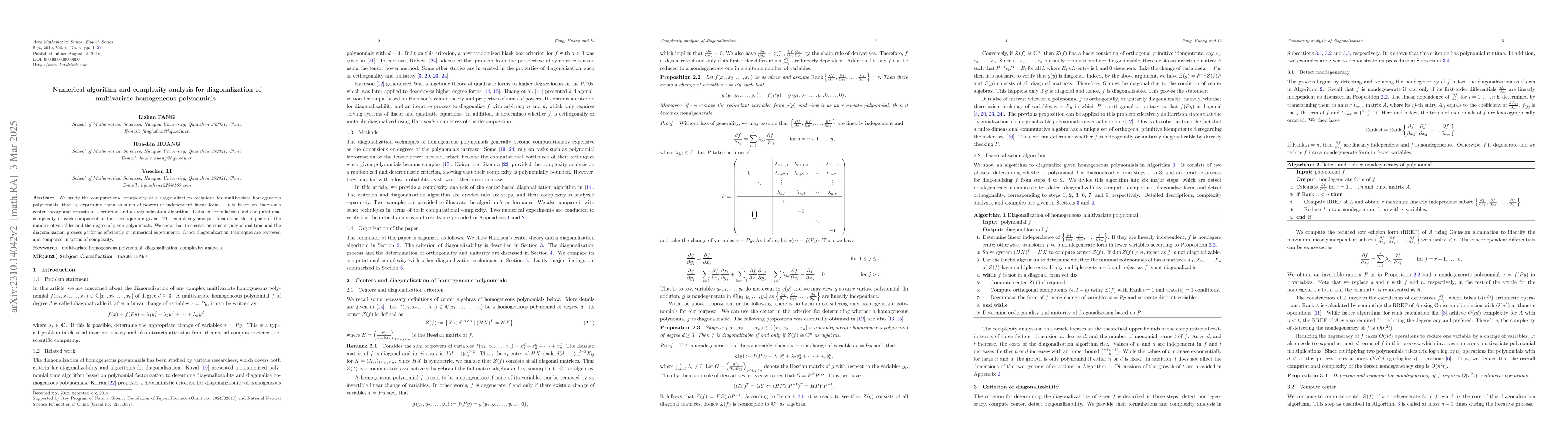 Thumbnail for Numerical algorithm and complexity analysis for diagonalization of
  multivariate homogeneous polynomials