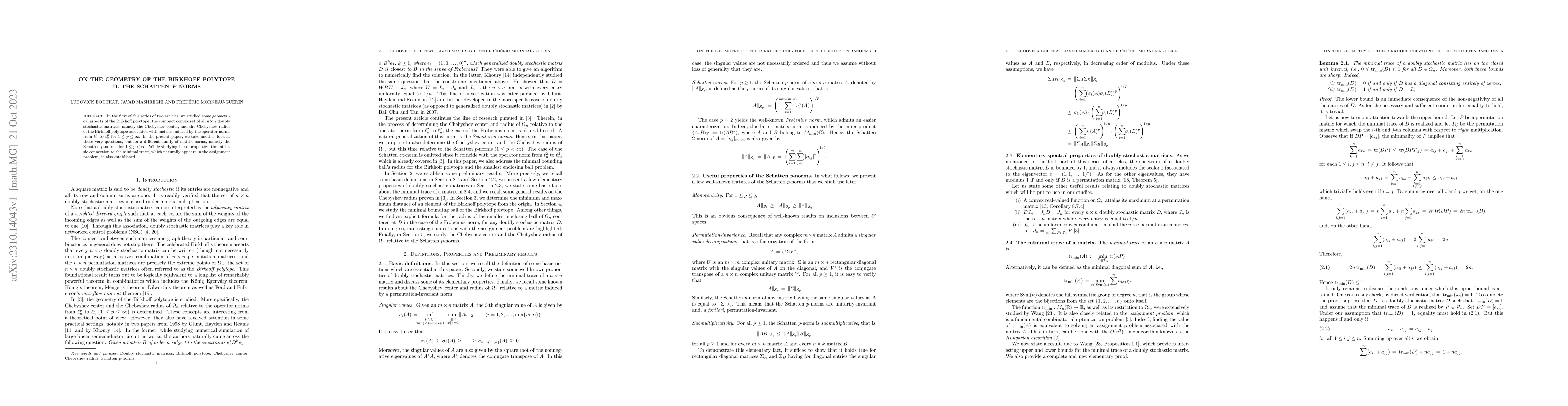 Thumbnail for On the Geometry of the Birkhoff Polytope. II. The Schatten $p$-norms