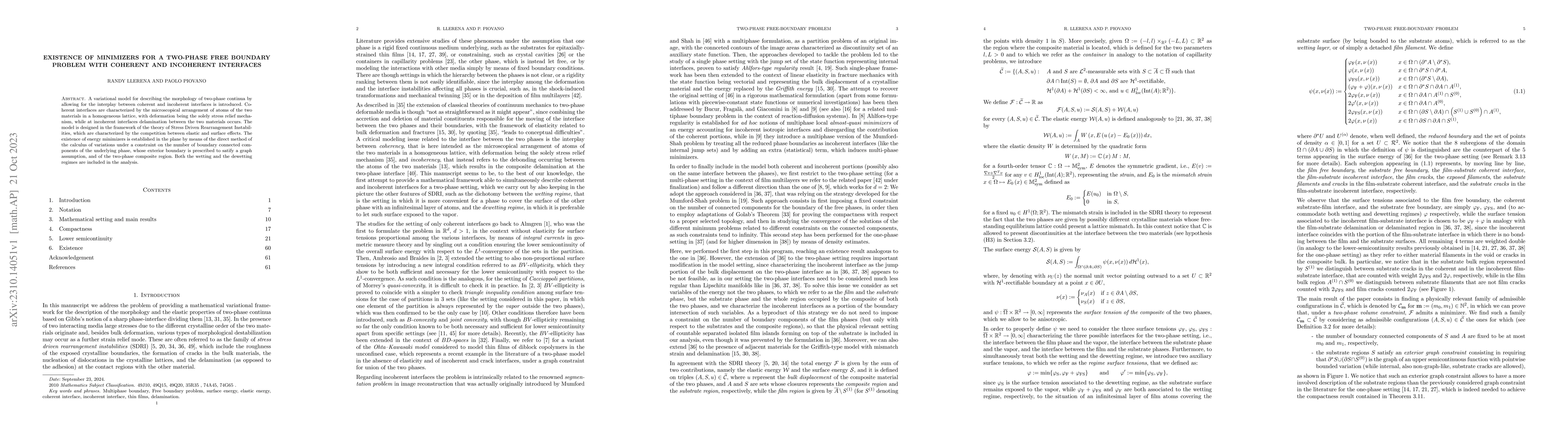 Thumbnail for Existence of minimizers for a two-phase free boundary problem with
  coherent and incoherent interfaces