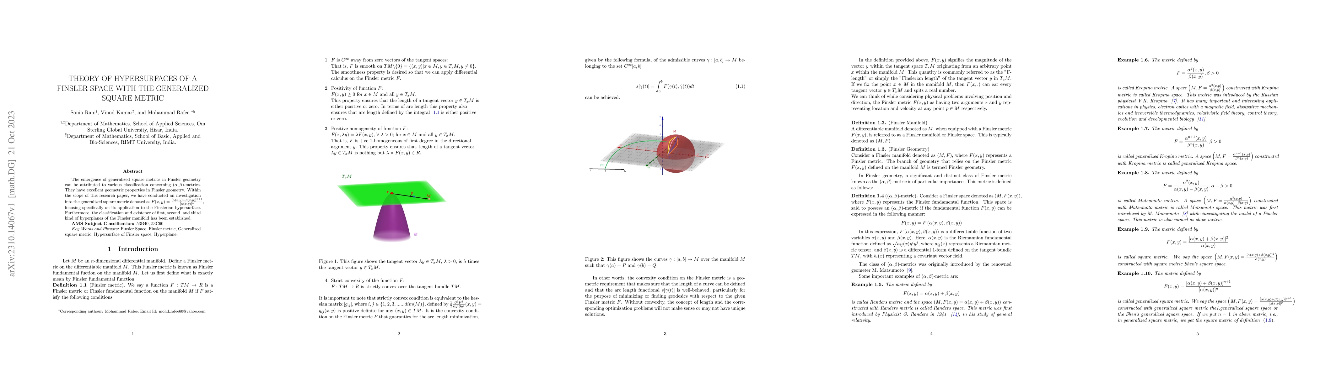 Thumbnail for Theory of hypersurfaces of a Finsler space with generalized square
  metric