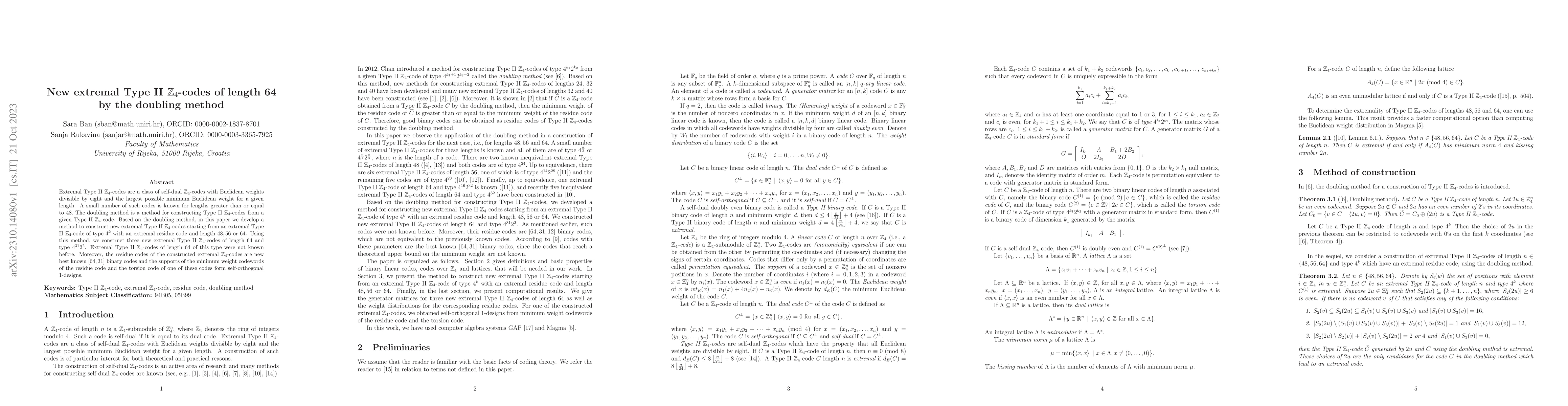 Thumbnail for New extremal Type II $\mathbb{Z}_4$-codes of length 64 by the doubling
  method