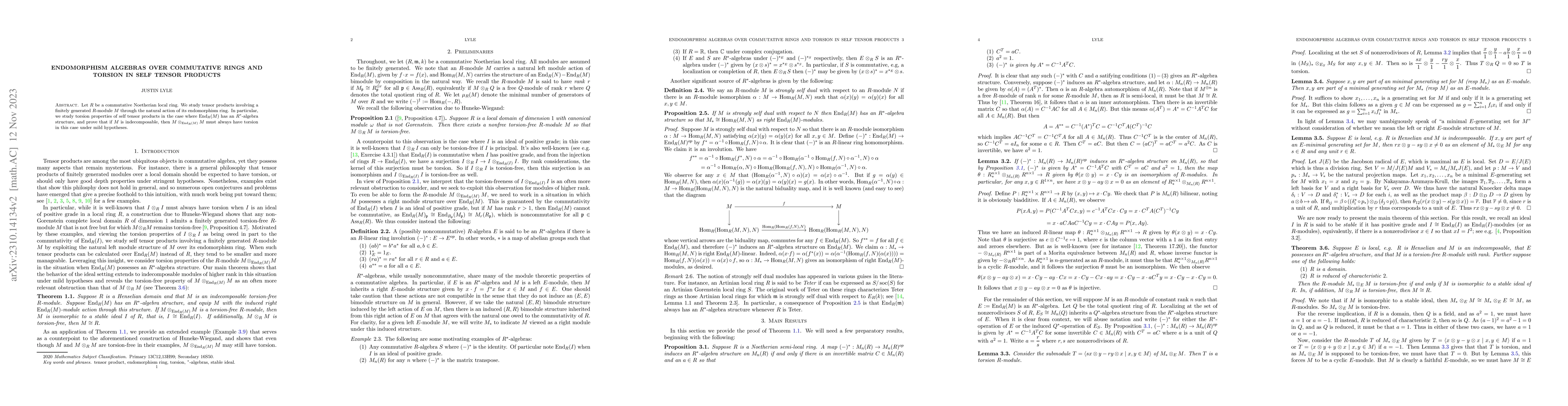 Thumbnail for Endomorphism algebras over commutative rings and torsion in self tensor
  products