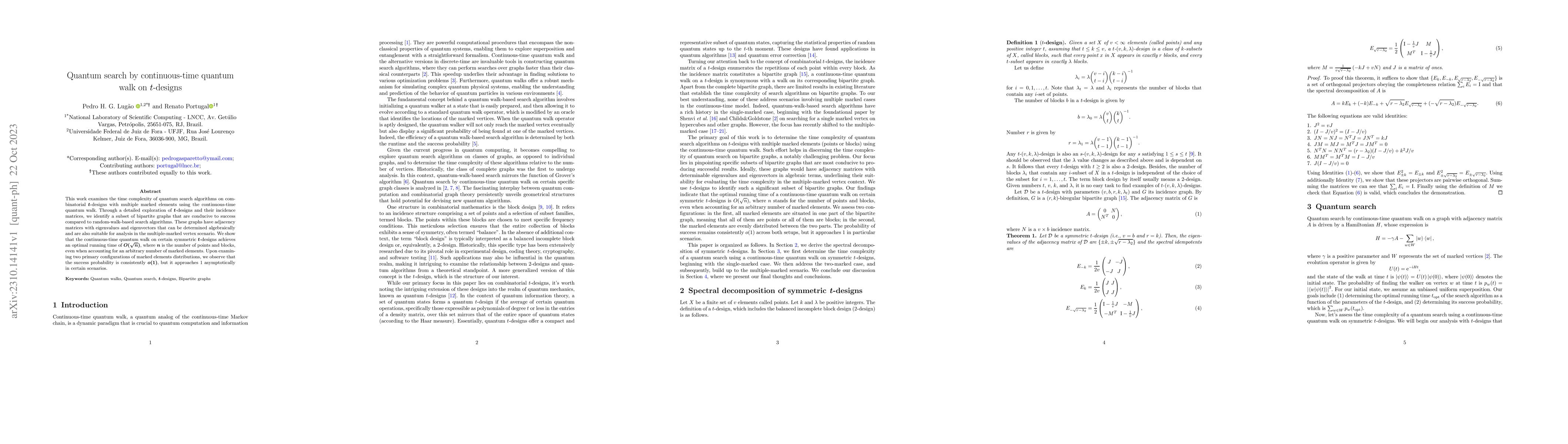 Thumbnail for Quantum search by continuous-time quantum walk on t-designs