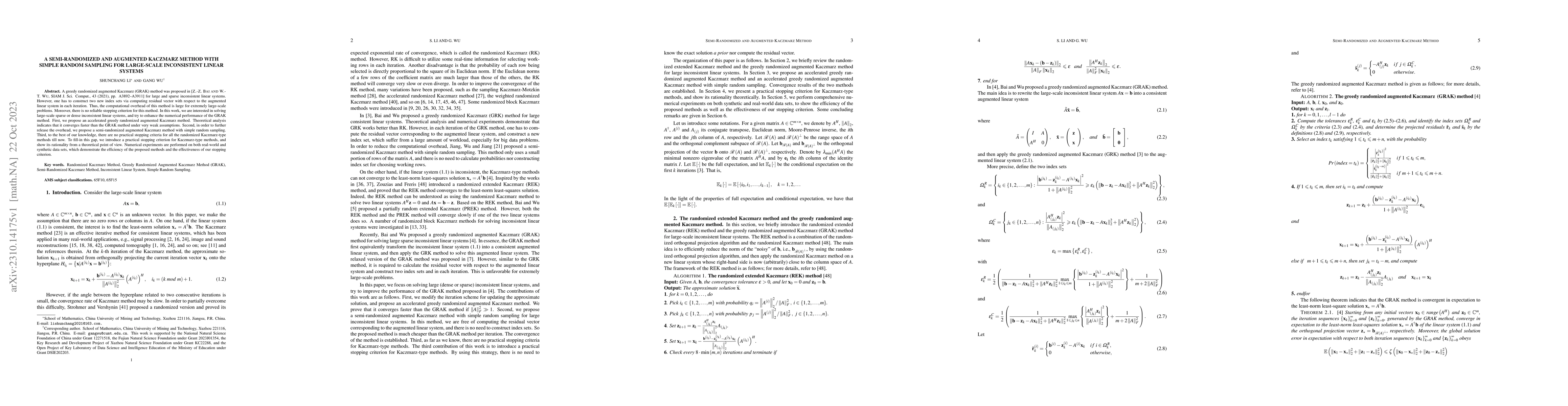 Thumbnail for A semi-randomized and augmented Kaczmarz method with simple random
  sampling for large-scale inconsistent linear systems