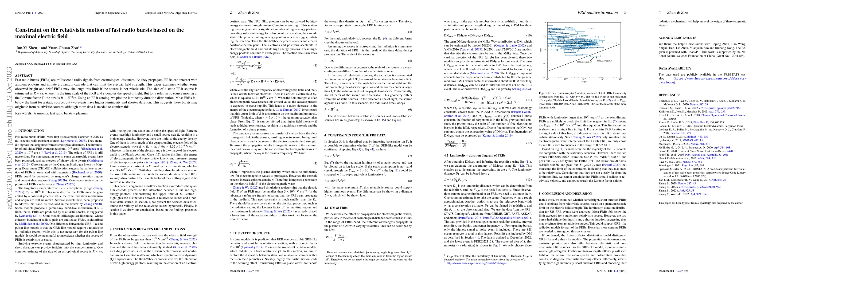 Thumbnail for Constraint on the relativistic motion of fast radio bursts based on the
  maximal electric field