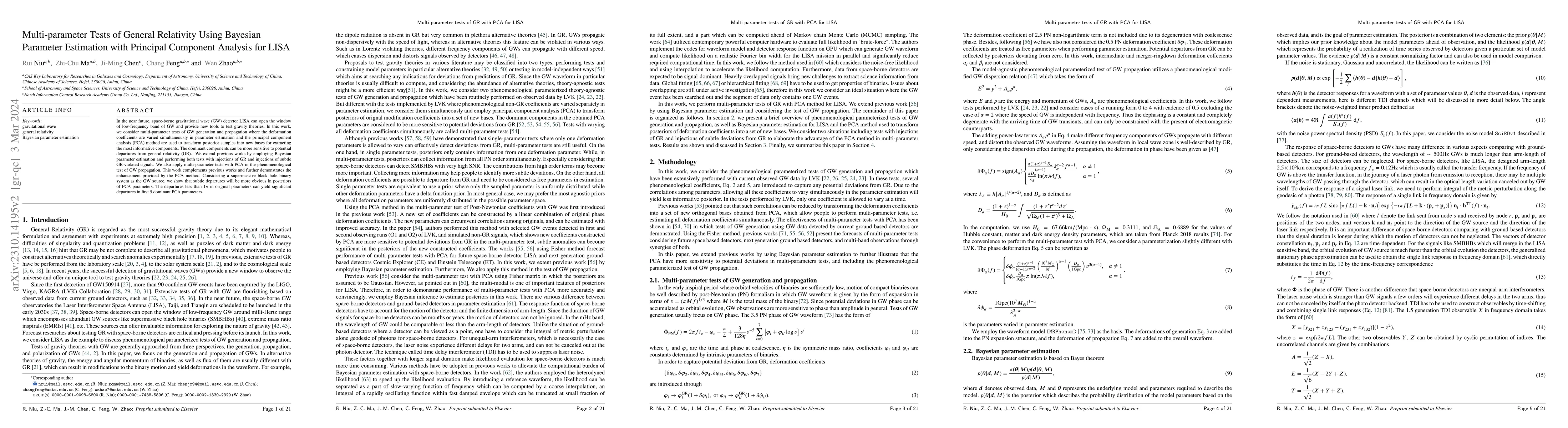 Thumbnail for Multi-parameter Tests of General Relativity Using Bayesian Parameter
  Estimation with Principal Component Analysis for LISA