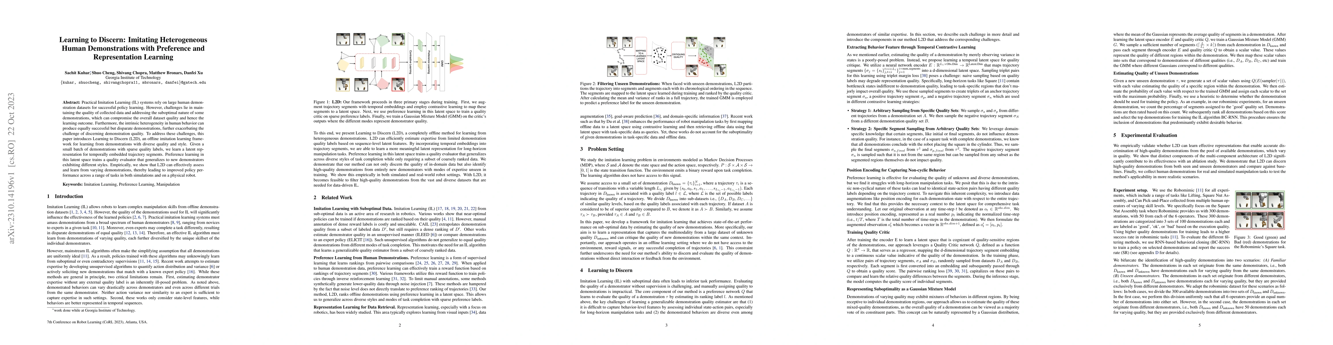 Thumbnail for Learning to Discern: Imitating Heterogeneous Human Demonstrations with
  Preference and Representation Learning
