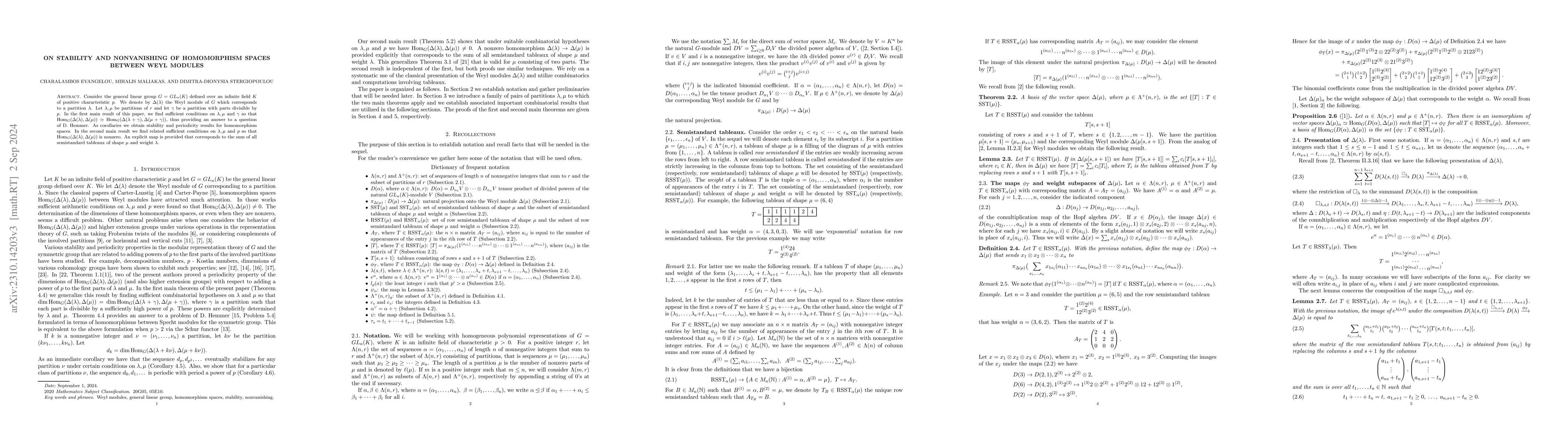 Thumbnail for On stability and nonvanishing of homomorphism spaces between Weyl
  modules
