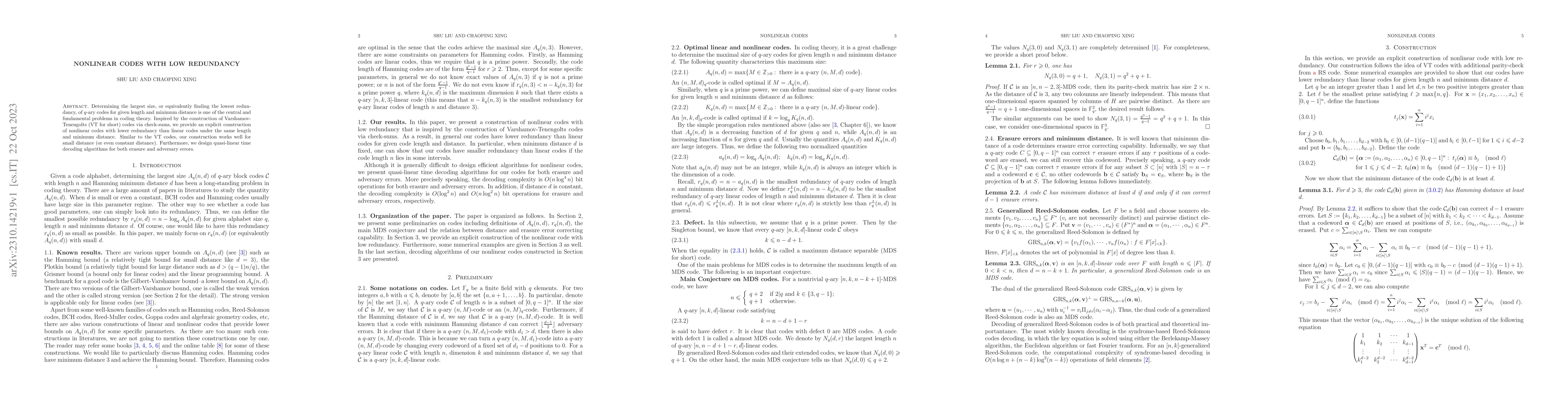 Thumbnail for Nonlinear Codes with Low Redundancy