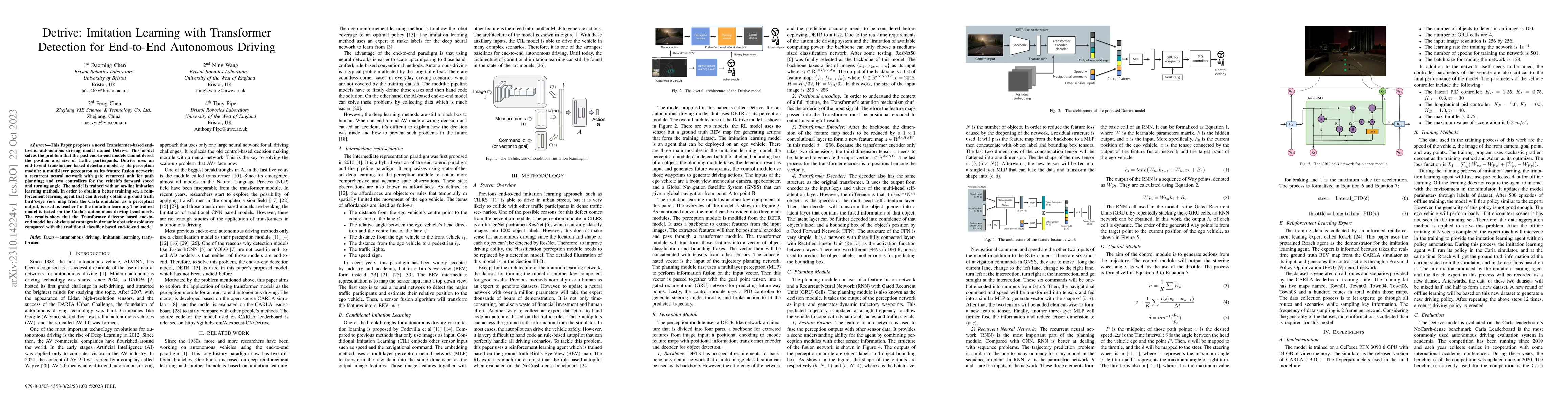Thumbnail for Detrive: Imitation Learning with Transformer Detection for End-to-End
  Autonomous Driving