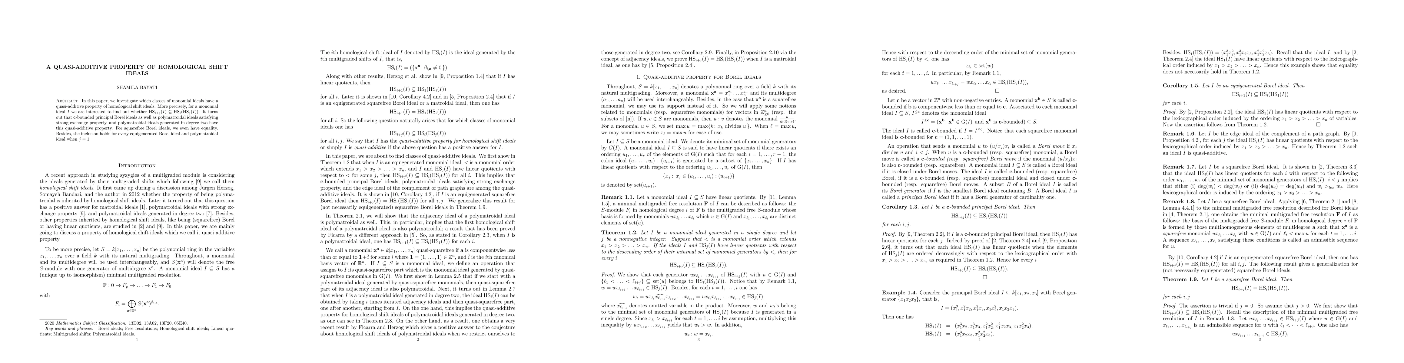 Thumbnail for A quasi-additive property of homological shift ideals