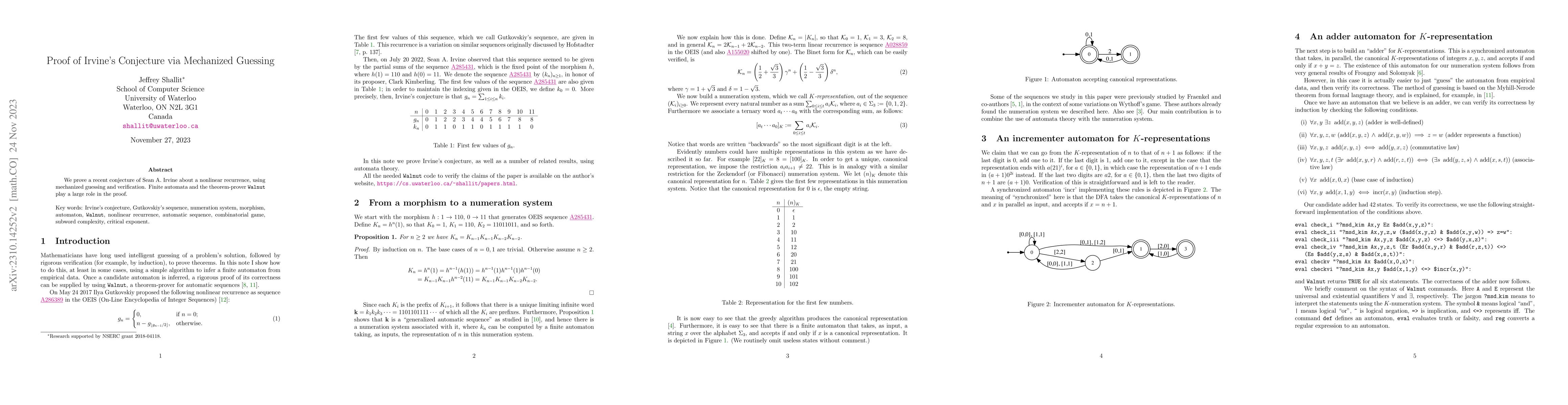 Thumbnail for Proof of Irvine's Conjecture via Mechanized Guessing
