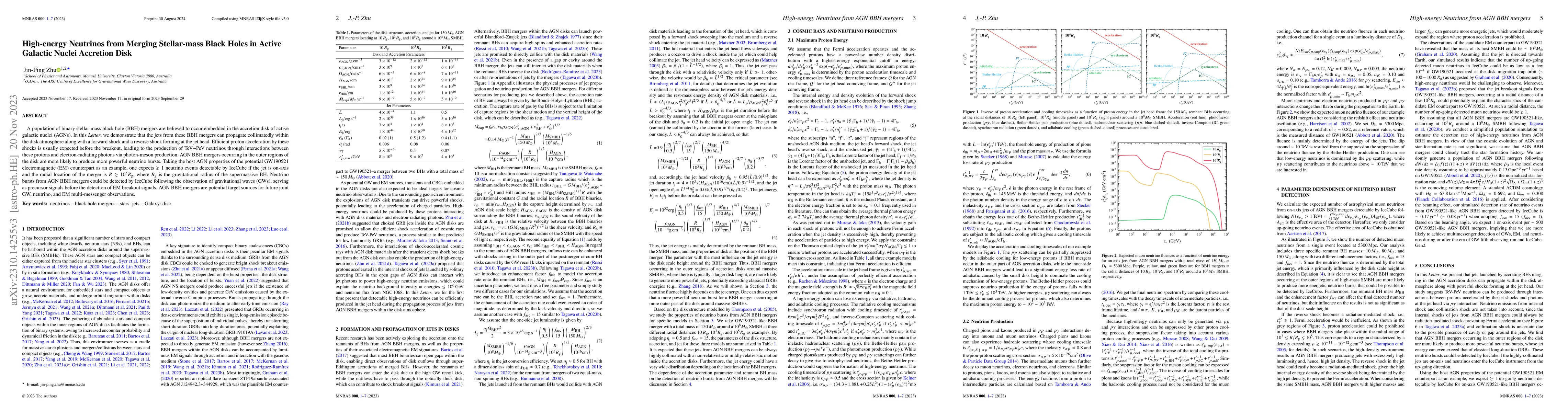 Thumbnail for High-energy Neutrinos from Merging Stellar-mass Black Holes in Active
  Galactic Nuclei Accretion Disk