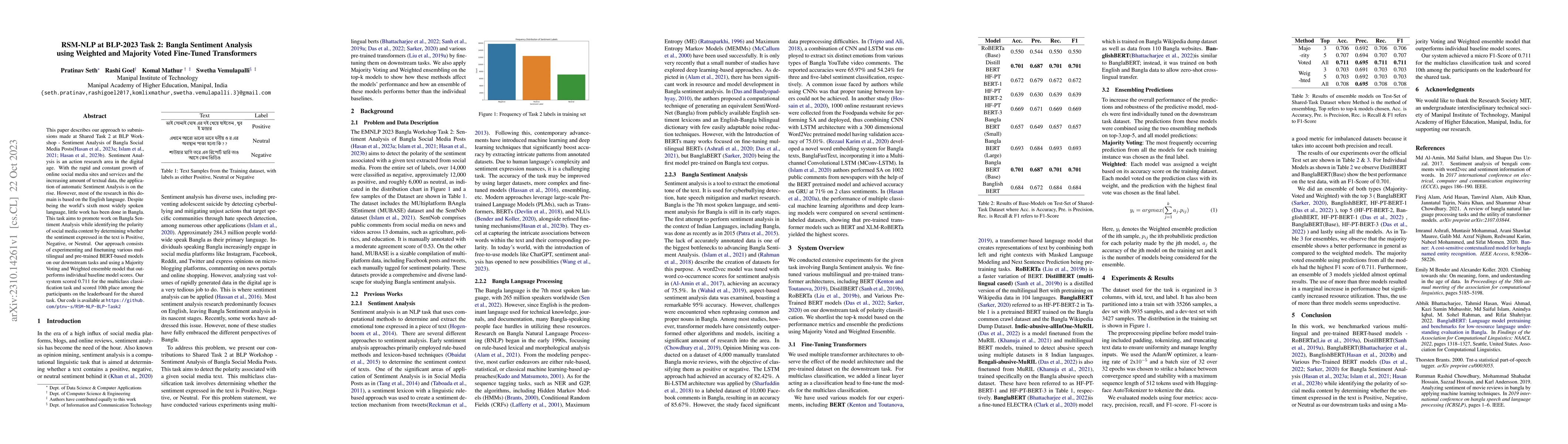 Thumbnail for RSM-NLP at BLP-2023 Task 2: Bangla Sentiment Analysis using Weighted and
  Majority Voted Fine-Tuned Transformers