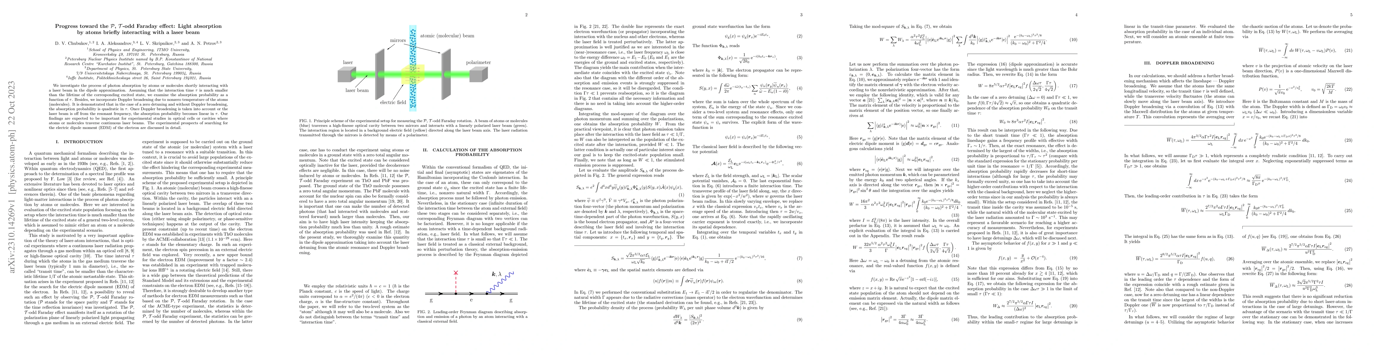 Thumbnail for Progress toward the $\mathcal{P}$, $\mathcal{T}$-odd Faraday effect:
  Light absorption by atoms briefly interacting with a laser beam