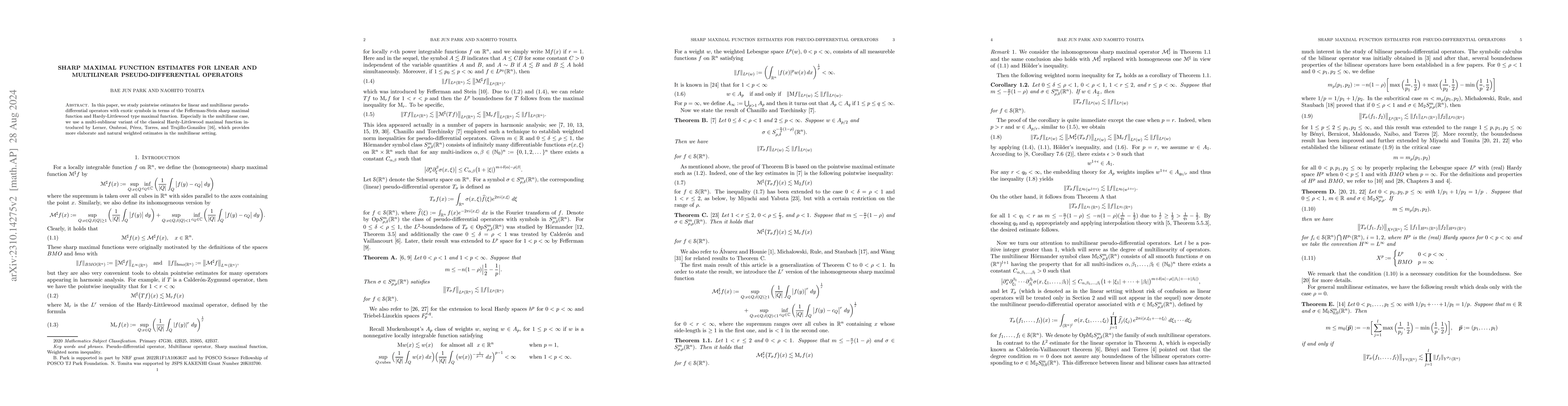 Thumbnail for Sharp maximal function estimates for linear and multilinear
  pseudo-differential operators