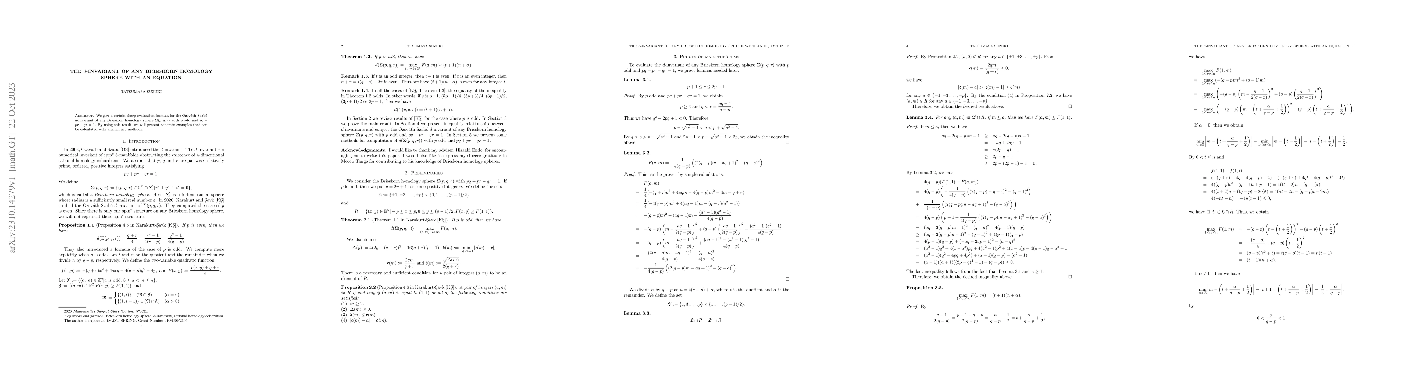 Thumbnail for The $d$-invariant of any Brieskorn homology sphere with an equation
