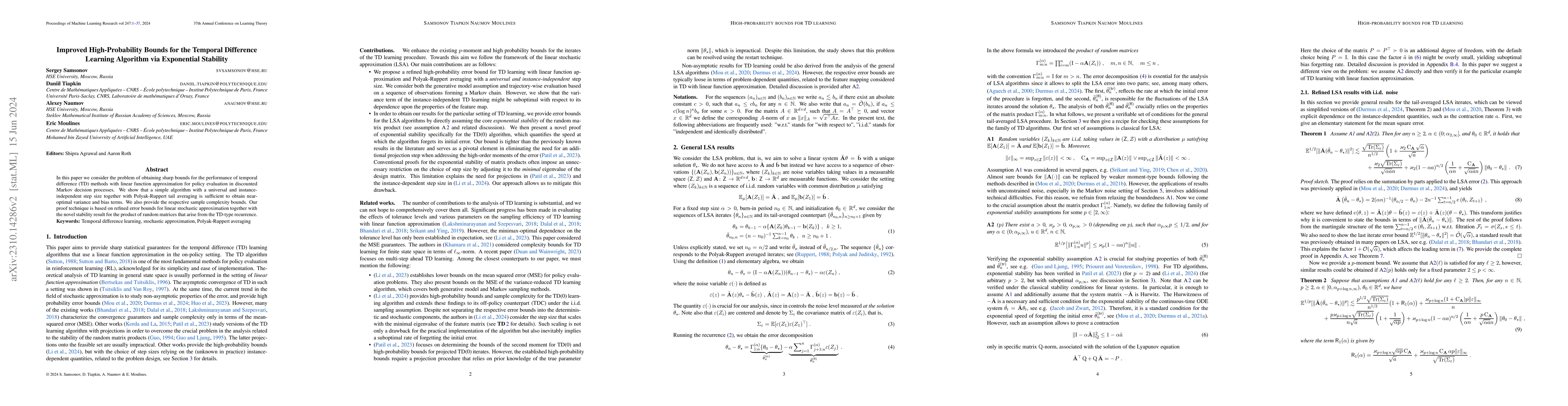 Thumbnail for Improved High-Probability Bounds for the Temporal Difference Learning
  Algorithm via Exponential Stability