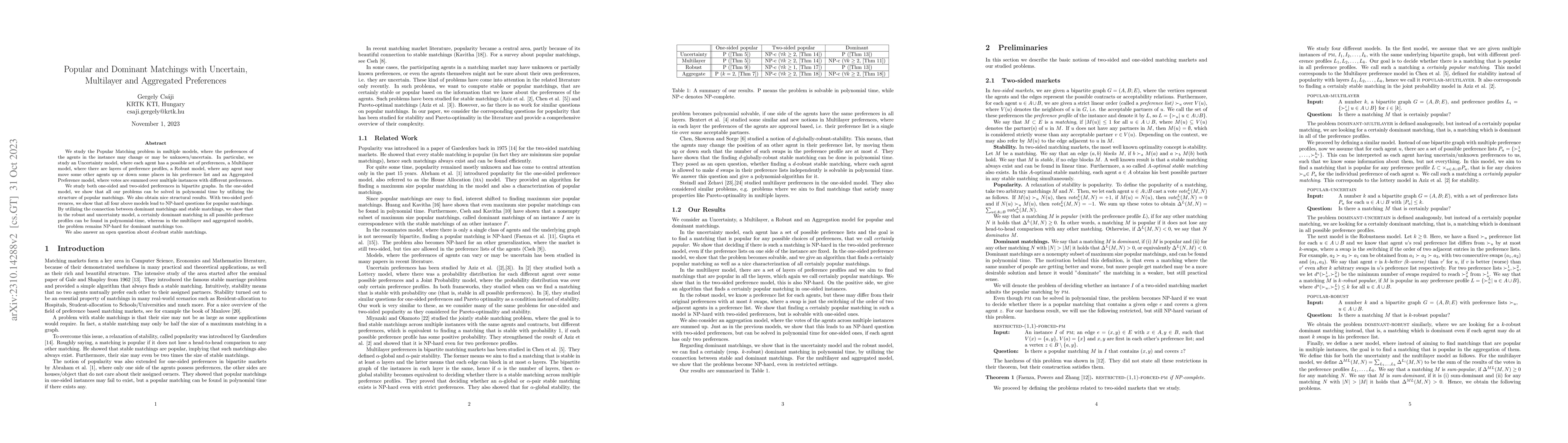Thumbnail for Popular and Dominant Matchings with Uncertain, Multilayer and Aggregated
  Preferences