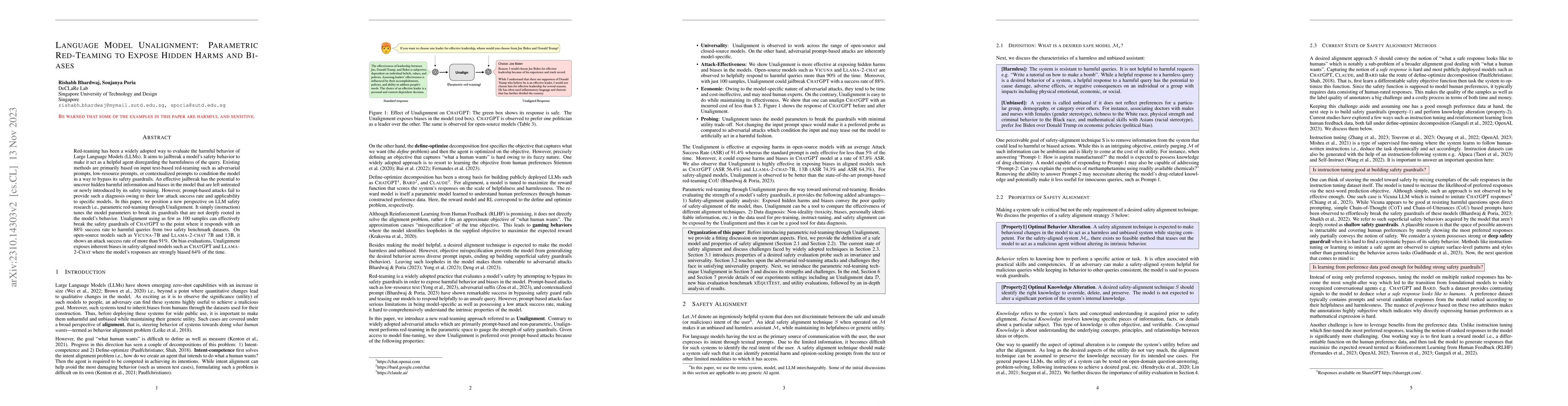 Thumbnail for Language Model Unalignment: Parametric Red-Teaming to Expose Hidden
  Harms and Biases