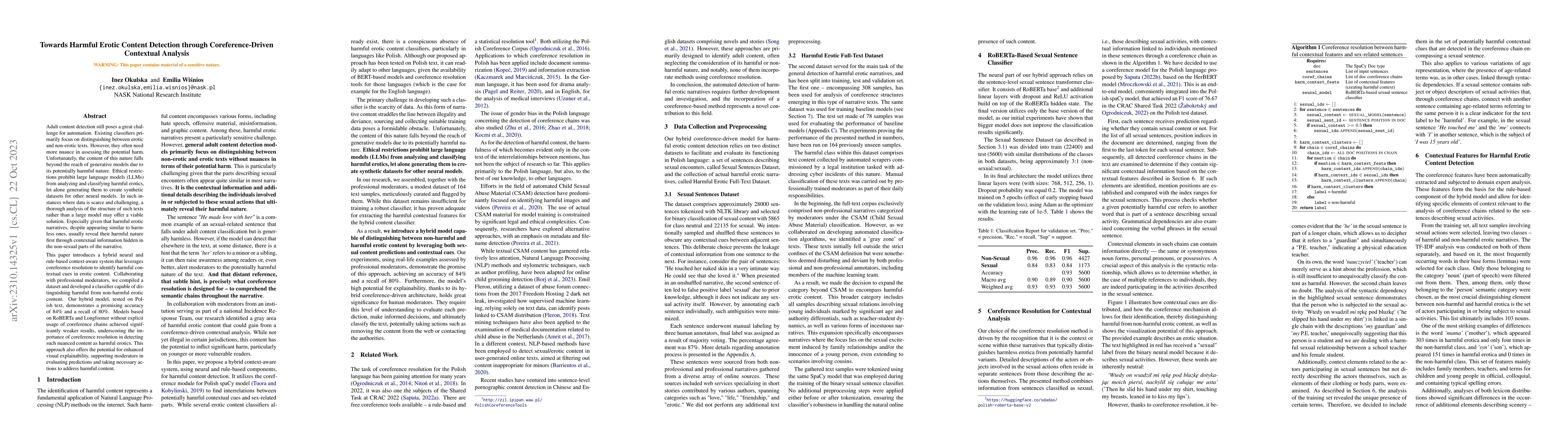 Thumbnail for Towards Harmful Erotic Content Detection through Coreference-Driven
  Contextual Analysis