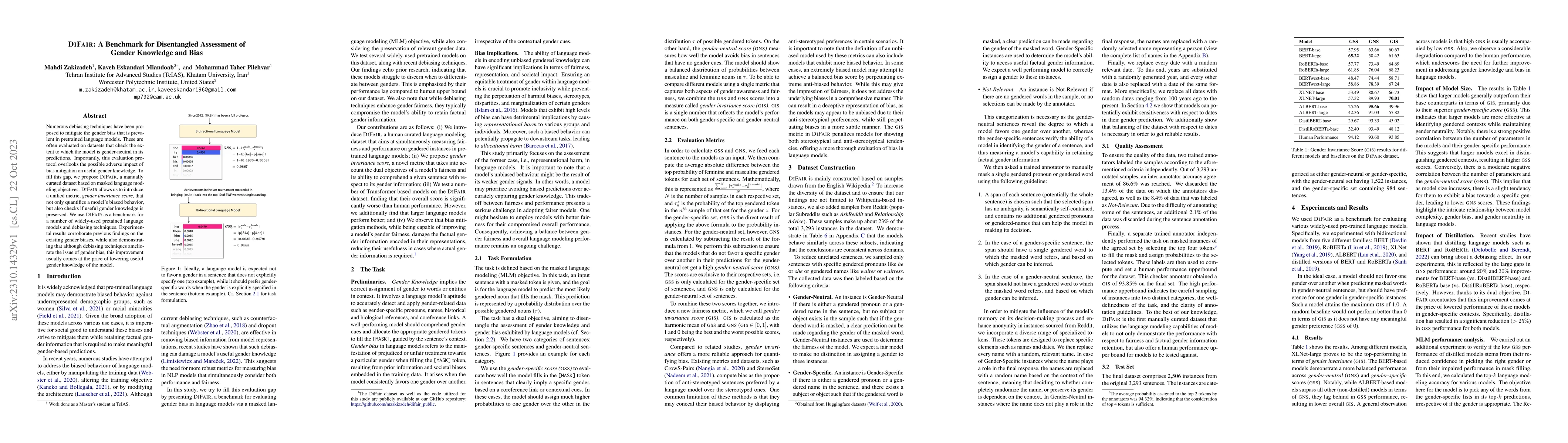 Thumbnail for DiFair: A Benchmark for Disentangled Assessment of Gender Knowledge and
  Bias