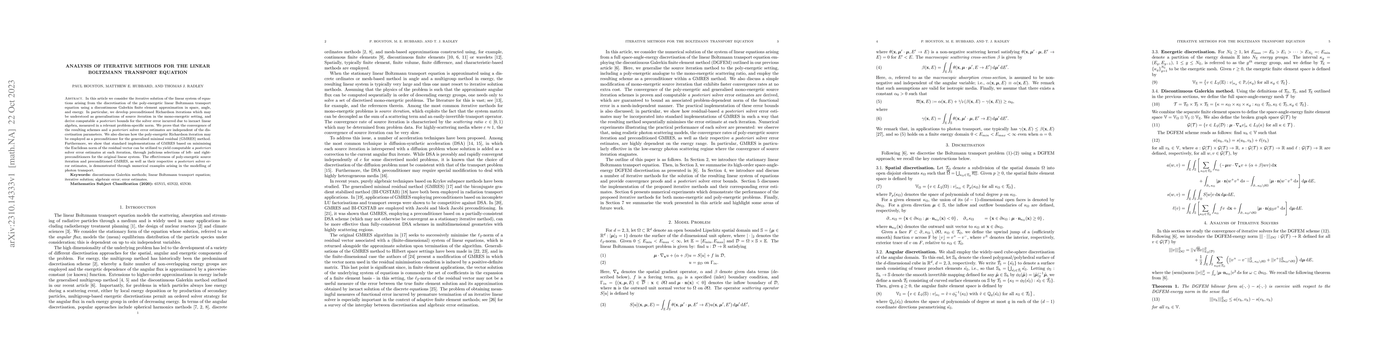 Thumbnail for Analysis of Iterative Methods for the Linear Boltzmann Transport
  Equation