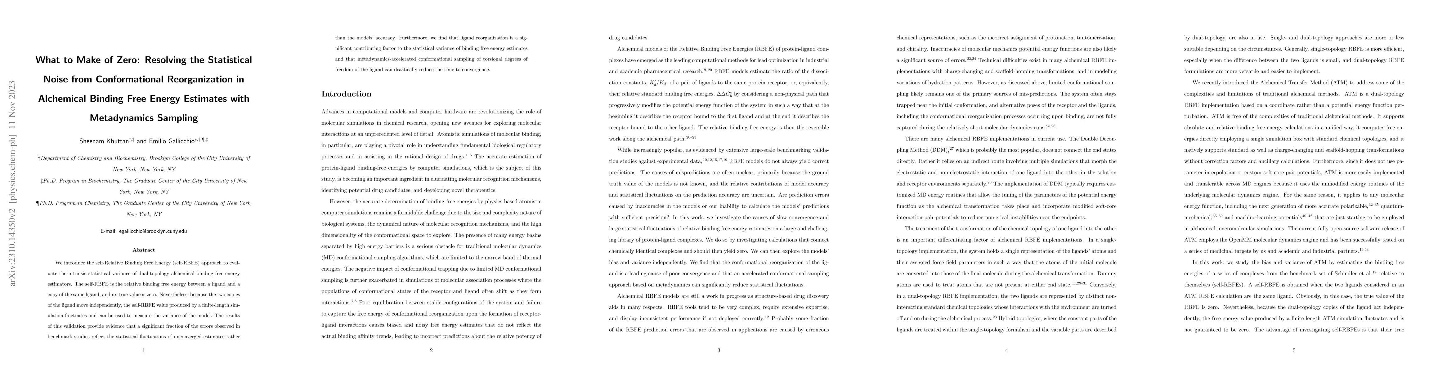 Thumbnail for What to Make of Zero: Resolving the Statistical Noise from
  Conformational Reorganization in Alchemical Binding Free Energy Estimates
  with Metadynamics Sampling