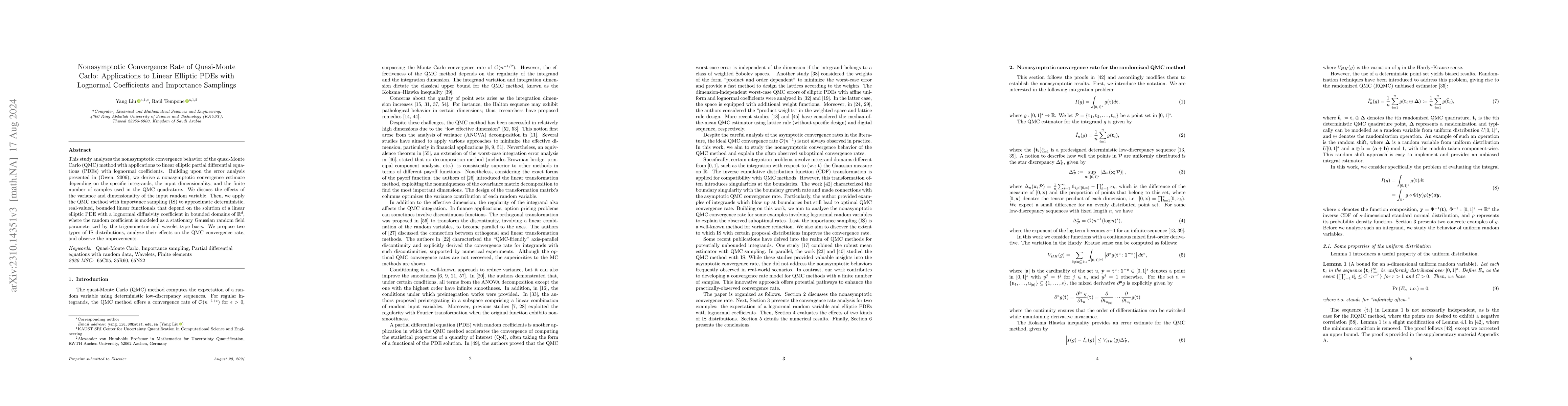 Thumbnail for Nonasymptotic Convergence Rate of Quasi-Monte Carlo: Applications to
  Linear Elliptic PDEs with Lognormal Coefficients and Importance Samplings