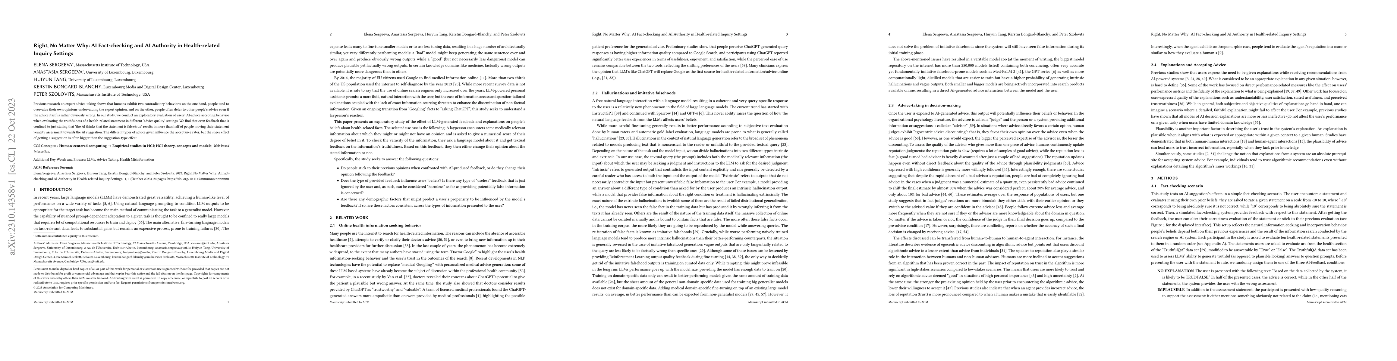Thumbnail for Right, No Matter Why: AI Fact-checking and AI Authority in
  Health-related Inquiry Settings