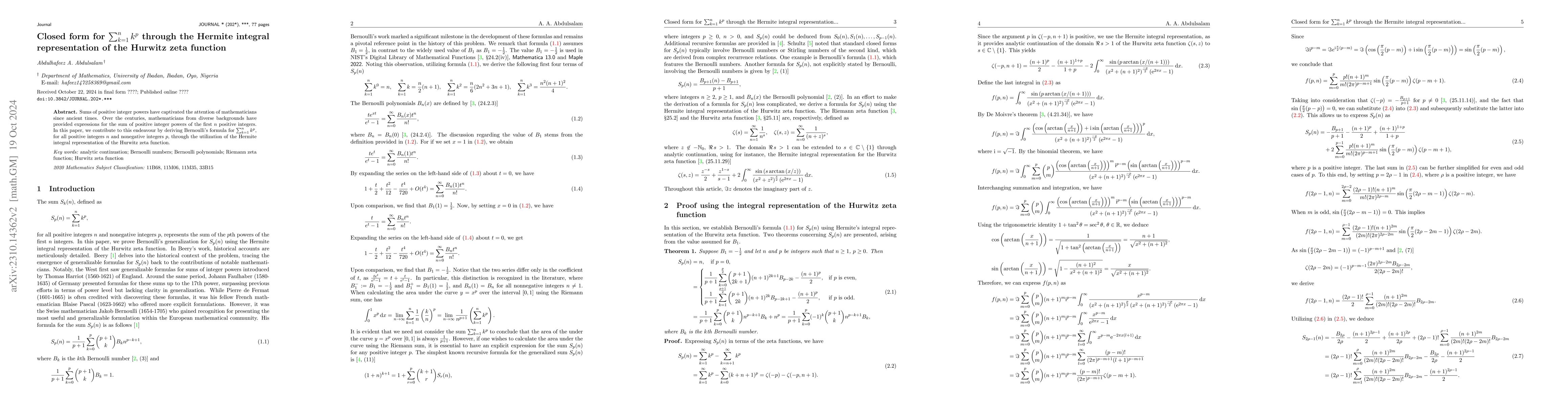 Thumbnail for Closed form for $\sum_{k=1}^n k^p$ through the Hermite integral
  representation of the Hurwitz zeta function