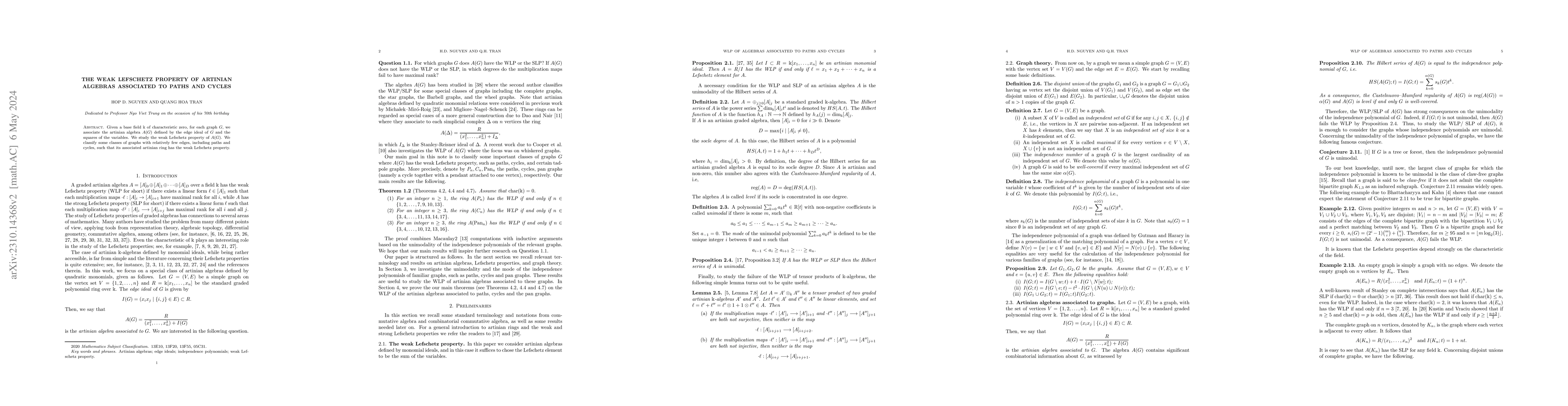 Thumbnail for The weak Lefschetz property of artinian algebras associated to paths and
  cycles