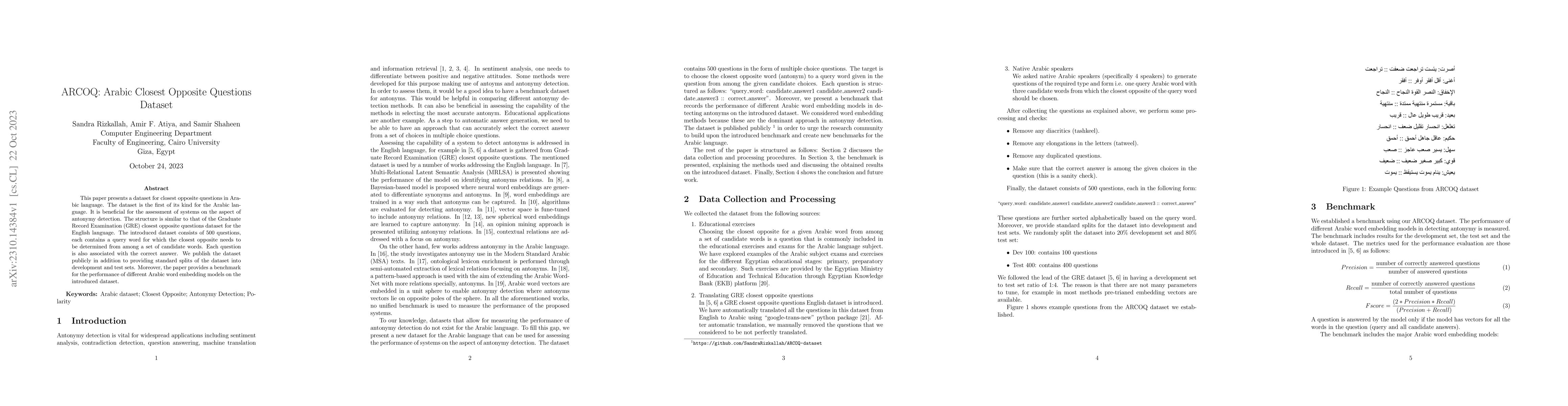 Thumbnail for ARCOQ: Arabic Closest Opposite Questions Dataset