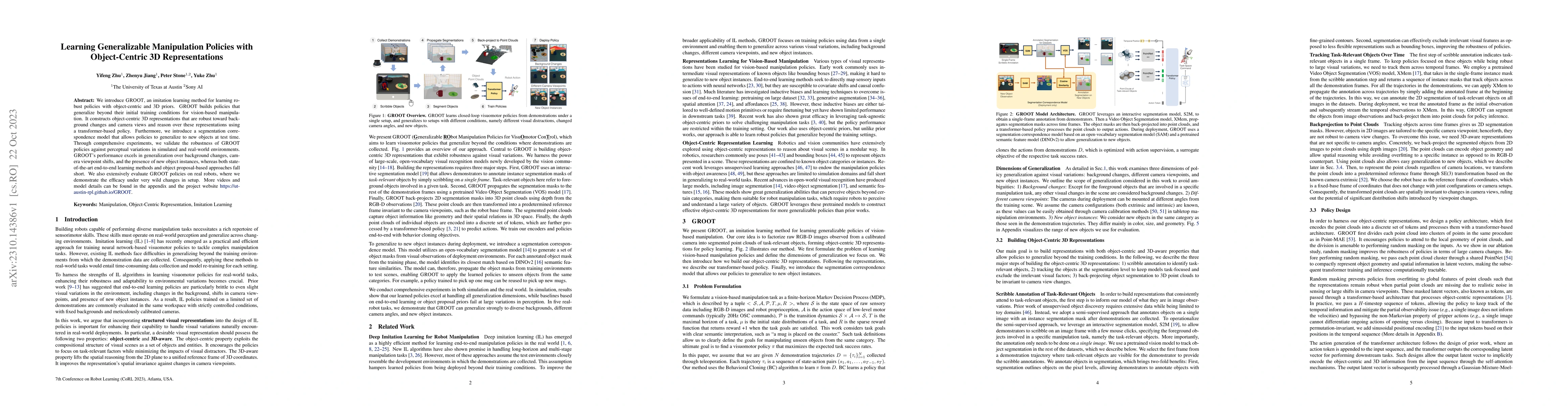 Thumbnail for Learning Generalizable Manipulation Policies with Object-Centric 3D
  Representations