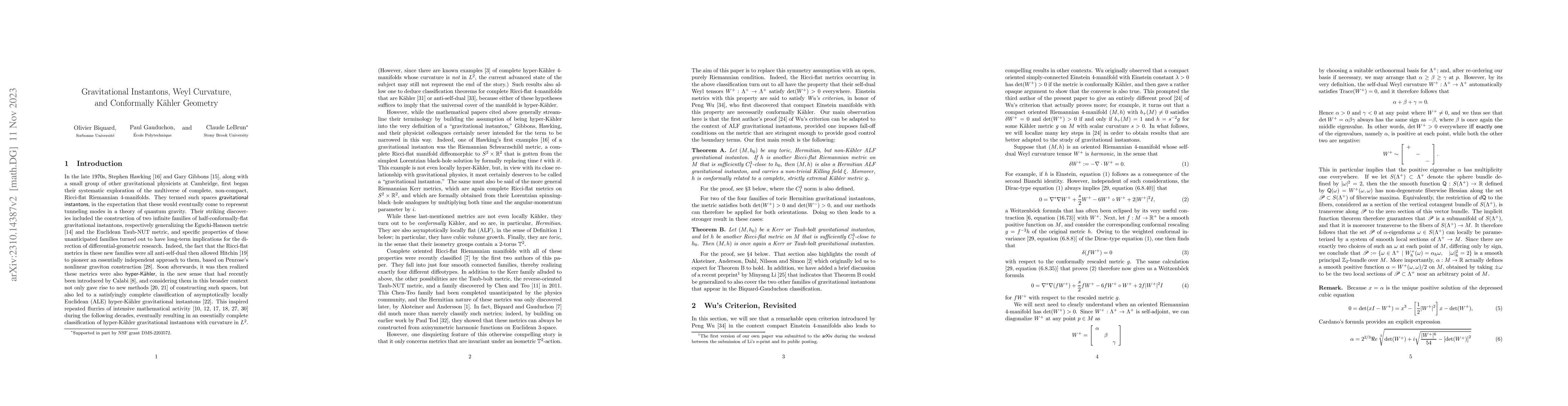 Thumbnail for Gravitational Instantons, Weyl Curvature, and Conformally Kaehler
  Geometry