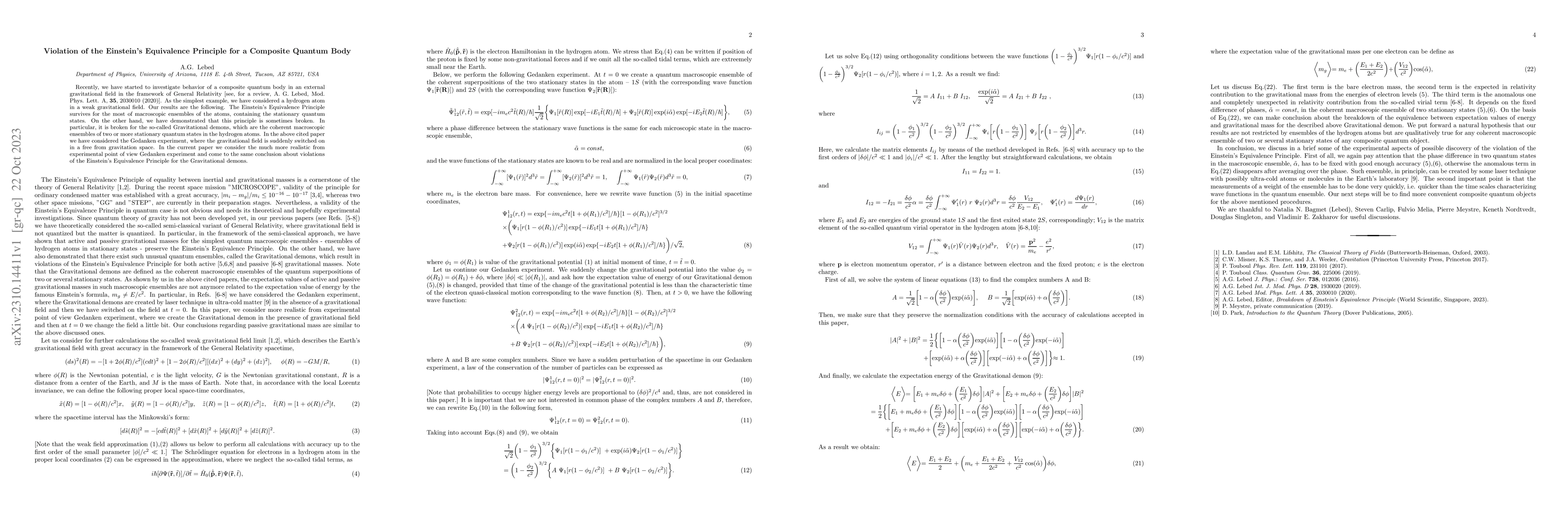 Thumbnail for Violation of the Einstein's Equivalence Principle for a Composite
  Quantum Body