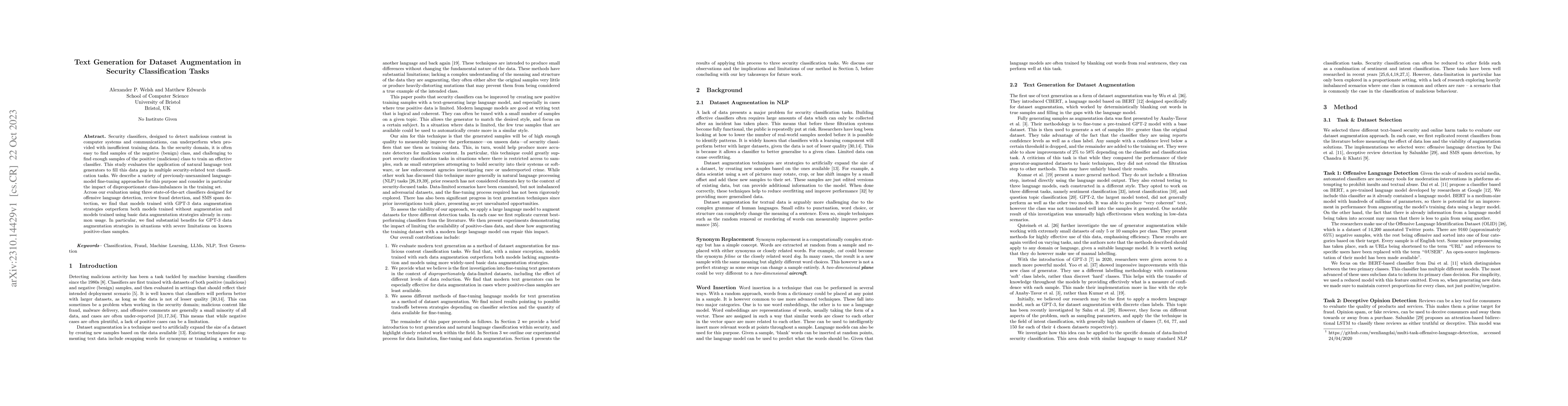 Thumbnail for Text generation for dataset augmentation in security classification
  tasks