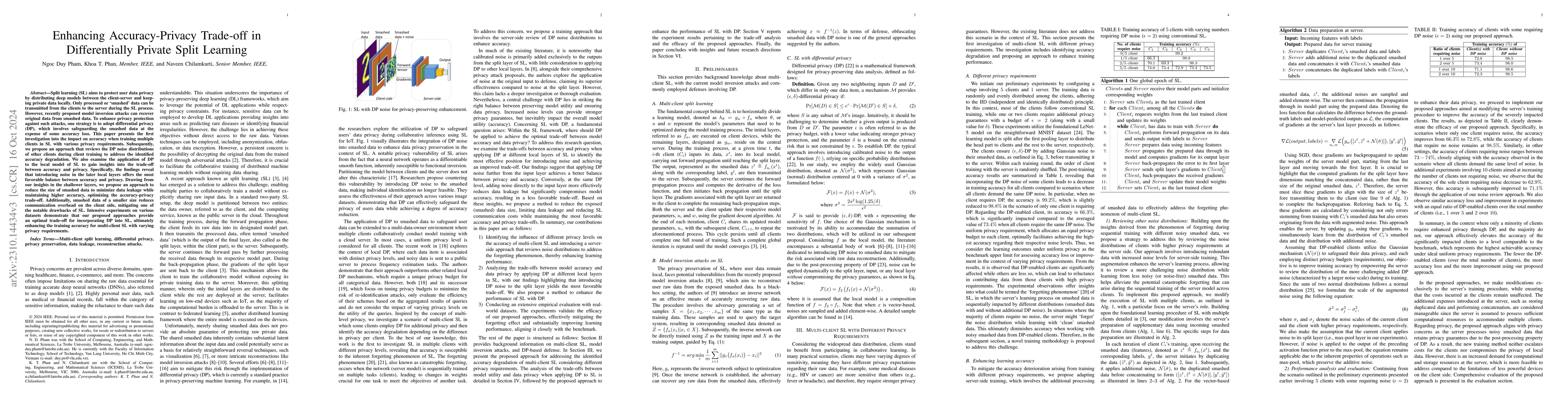 Thumbnail for Enhancing Accuracy-Privacy Trade-off in Differentially Private Split
  Learning