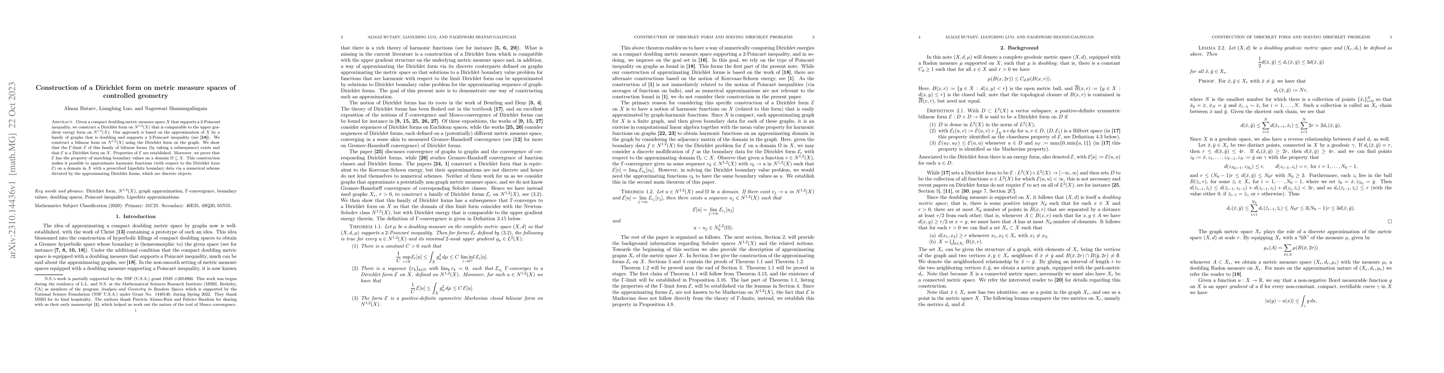 Thumbnail for Construction of a Dirichlet form on metric measure spaces of controlled
  geometry