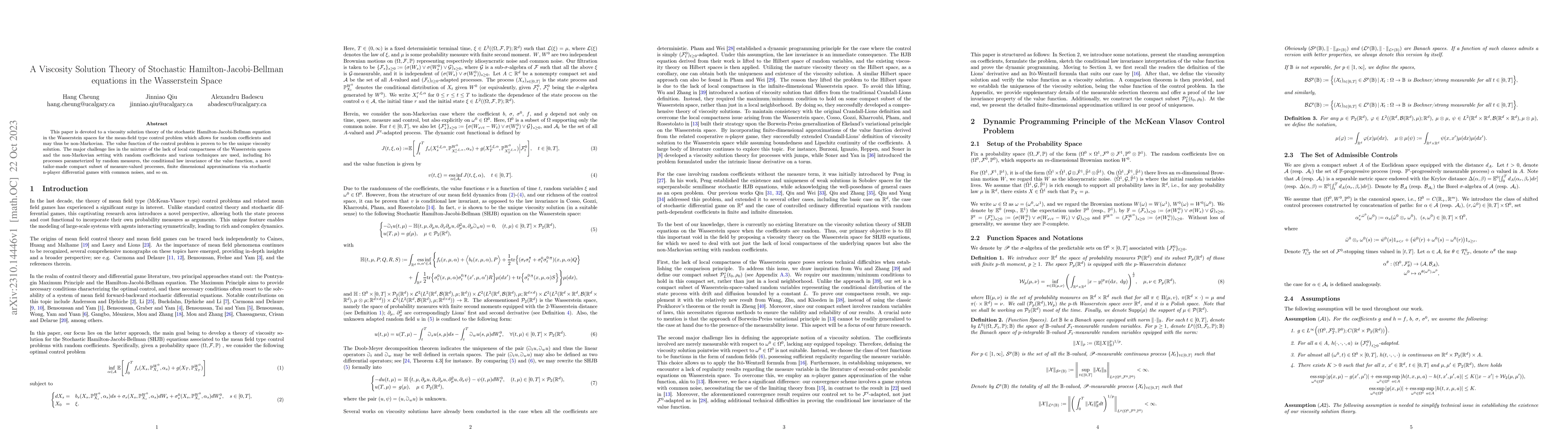 Thumbnail for A Viscosity Solution Theory of Stochastic Hamilton-Jacobi-Bellman
  equations in the Wasserstein Space
